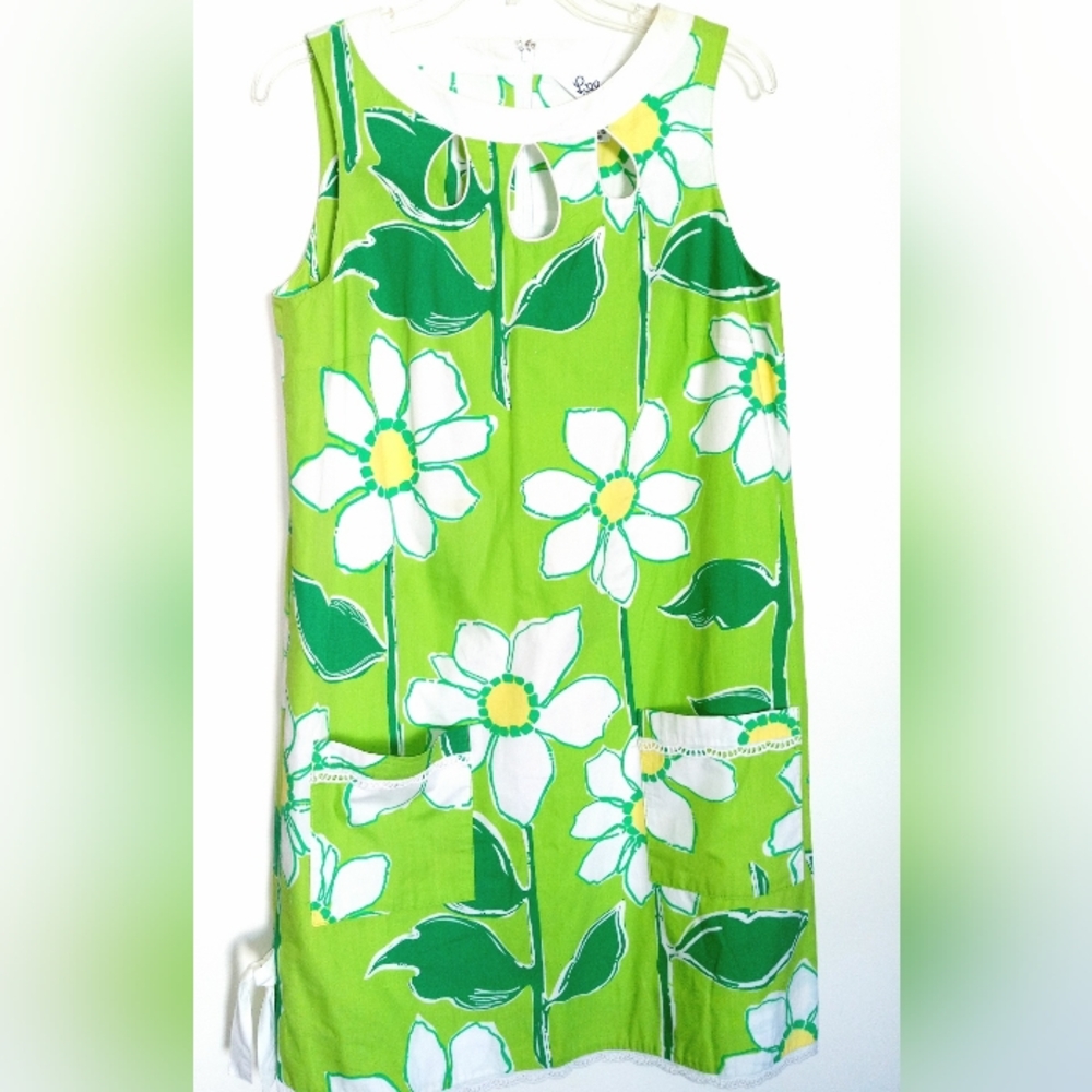 LILLY PULITZER Retro Lime Green and White Daisy Floral Smock Dress Size 8